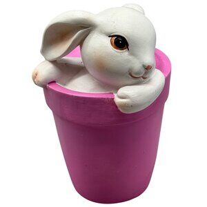Easter Holiday Rabbit In Pink Flower Pot Decorative Figurine 4.5" Tall READ
